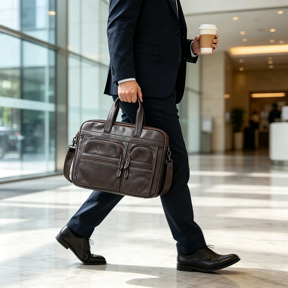 Large Capacity Leather Messenger Bag for Men, 15.6 Inch Laptop Briefcase, Business Shoulder Bag
