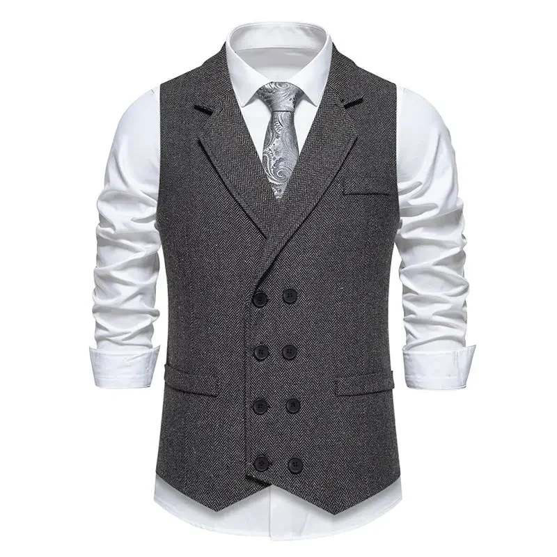 

Retro Mens Lapel Vest double-breasted Formal Casual Herringbone Coarse Tweed Suit Vest Vinatge Mens Waistcoat