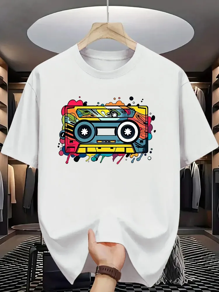 Mens Crew Neck Tee Retro Cassette Tape Graffiti Vivid Color Print Soft Cotton Vintage Music Lover Casual Street Short Sleeve Top