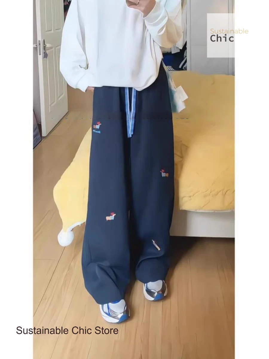 American contrast embroidered high waist straight pants female summer new puppy embroidered breathable Joker casual pants.