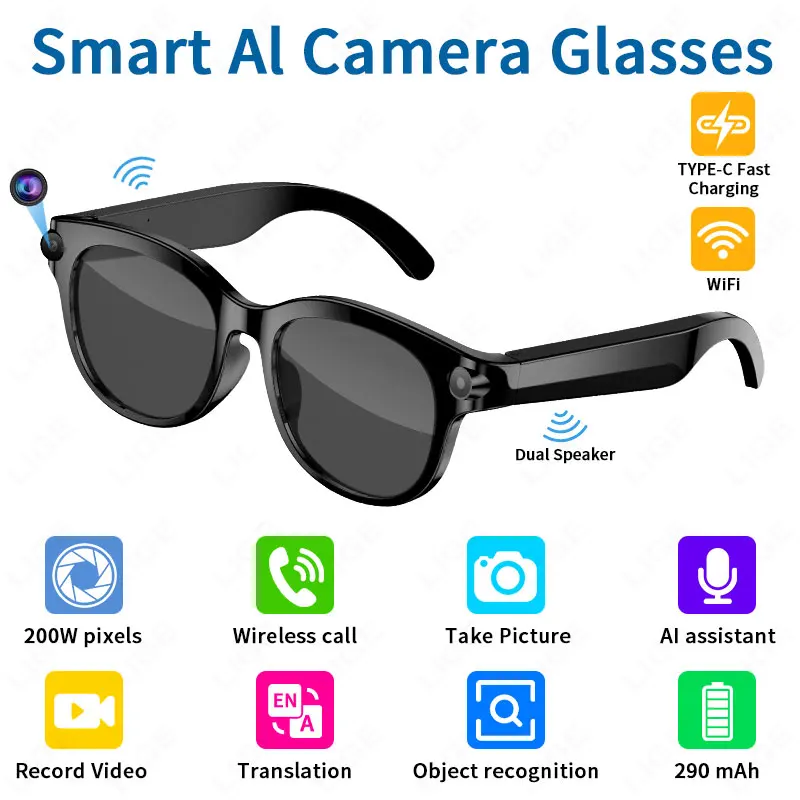 

Умные очки LIGE AI 2026 с камерой 2 МП, переводом на 100+ языков, функцией Bluetooth-звонков, записью видео, аккумулятором 290 мАч