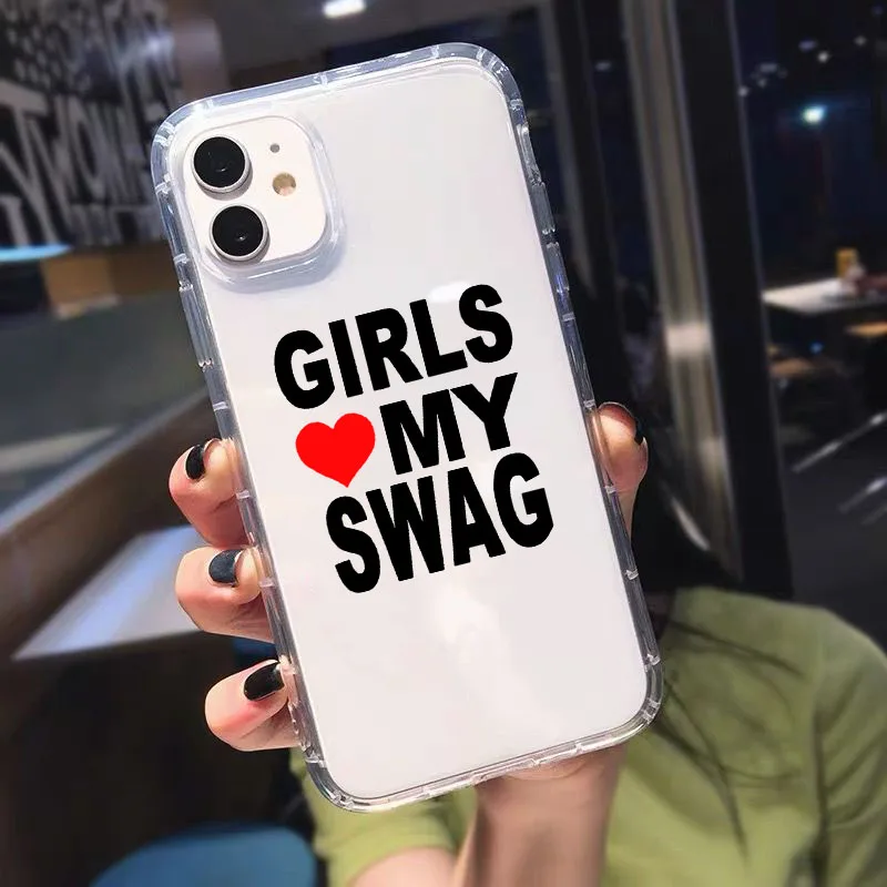 GIRLS LOVE MY SWAG Funny Vintage Phone Case for IPhone 11 12 13 14 Pro Max X XR XS Clear Couple Paired Coques Girlfriends Gift