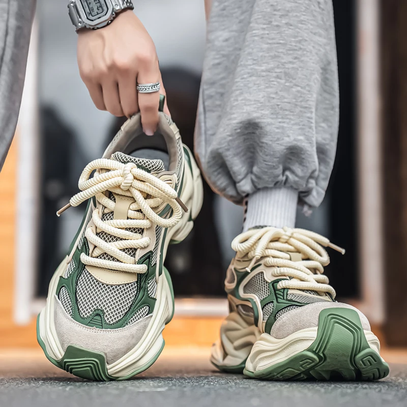 Herren-Dad-Sneaker, atmungsaktives Obermaterial aus großem Mesh, dicke Juteschnürsenkel, farblich abgesetzte dicke Sohle, höhenvergrößernd und rutschfest, retro-trendiger Stil, mehrere Farboptionen verfügbar, vielseitige Freizeitschuhe für den täglichen Arbeitsweg und die Straßenmode. – Detail 26