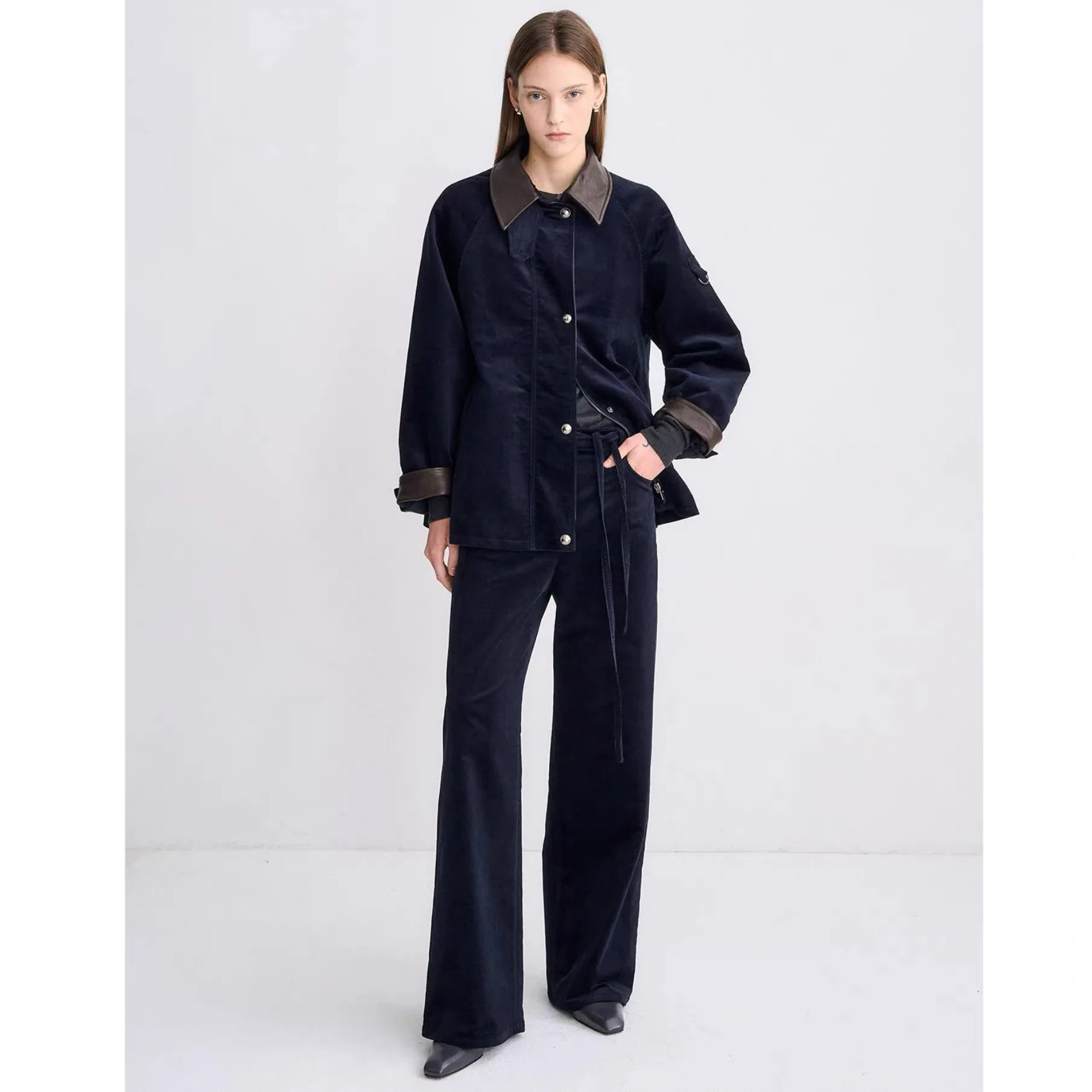 

TIM25 Autumn Faion Кожаный воротник в стиле пэчворк Вельвет Свободный универсальный хлопок Jaet Lemon Cheese Sle Commute Long Sve