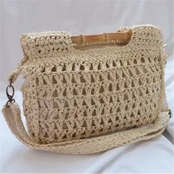 Torebki ze słomy w stylu Vintage z uchwyt bambusowy na co dzień z papieru tkane torby na ramię Crossbody ręcznie robione letnie torba na plażę małe torba materiałowa