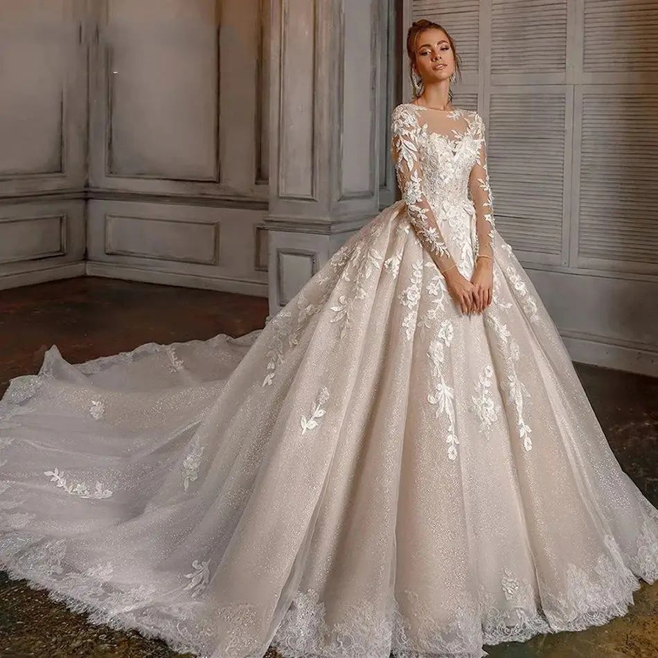 

Lorencia Elegant Long Sleeve Lace Wedding Dress A-Line Princess 3D Floral Applique Bride Gown Bridal Dress Robe De Mariée YAW119