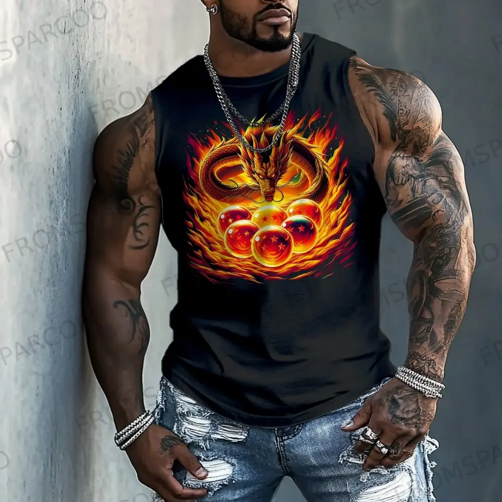 Męska koszulka bez rękawów Dragon Ball Anime, streetwear, letni nadruk graficzny, casualowa kamizelka do ćwiczeń, popularny styl.