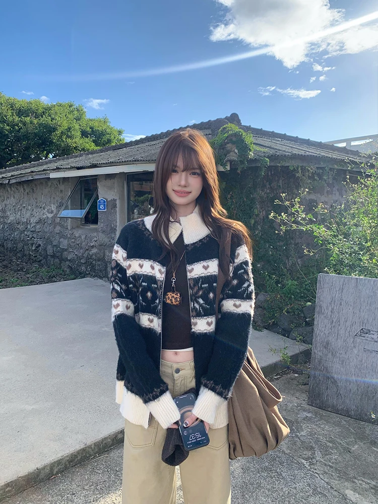 

Мягкий вязаный кардиган-топ для женщин, новинка, с узором Fair Isle, осень-зима, из полиэфирного волокна, с высоким воротником, длинный рукав