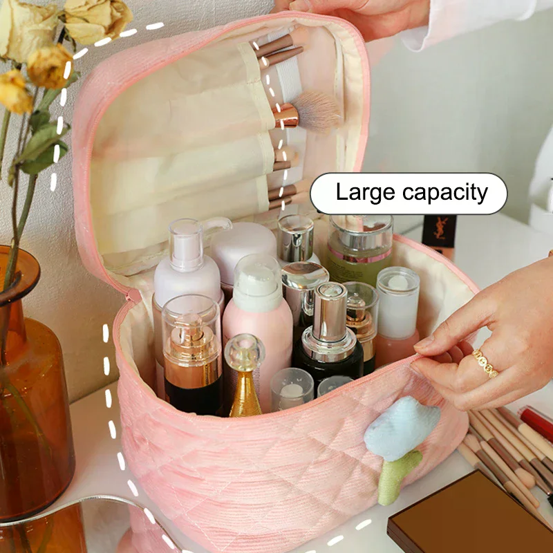 Cute Corduroy Makeup Storage Bag Portable Travel Cosmetic Tulip Pouch Toiletry Organizer Large Capacity Flower Pattern Bags