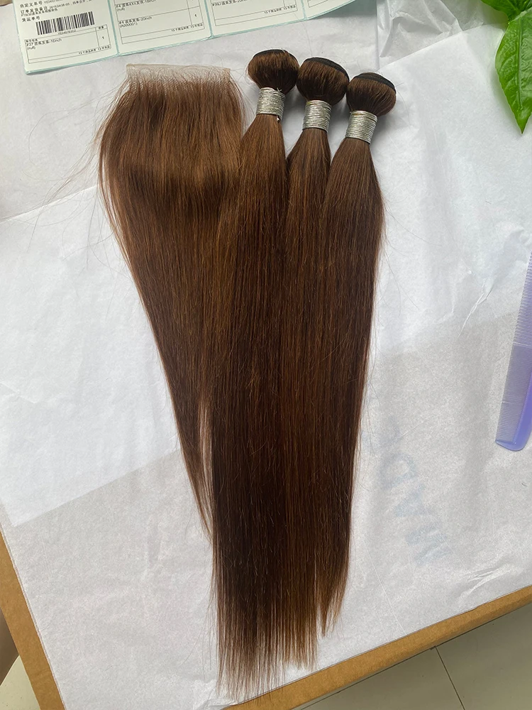 #4 Colored Chocolate Brown Straight Human Hair Bundles With Closure 13x4 Lace  Frontal With Bundles 3 Bundles Hair Extensions We