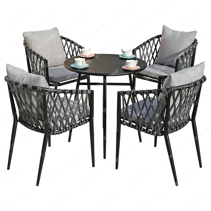 Simple Outdoor Desk-Chair Courtyard Villa Braid Rope Dining Table and Chair Leisure Balcony Rattan Chair Three-Piece Set