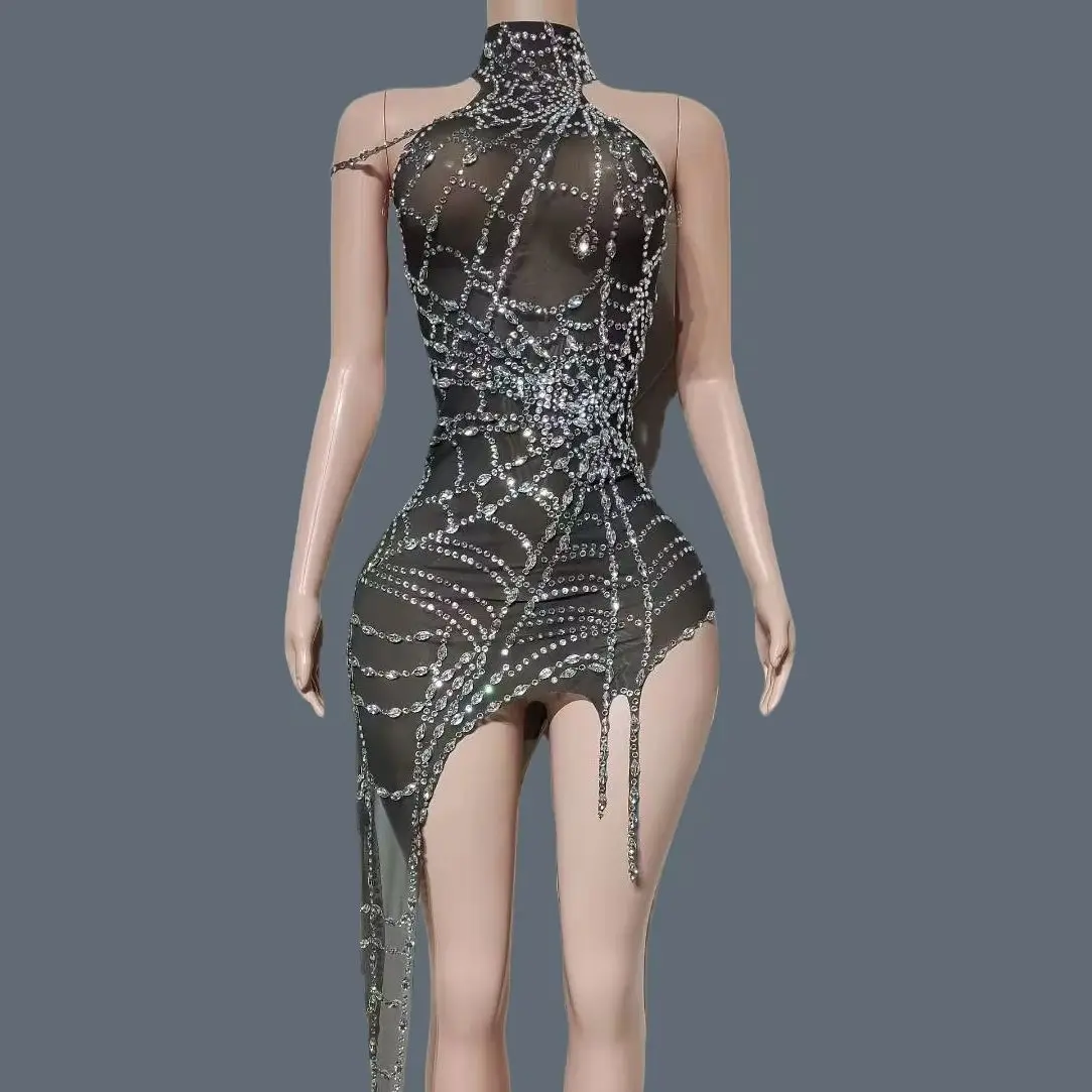 

Black See Through Mesh Mini Dress Sparkly Silver Rhinestone Asymmetrical DressHalloween Costumes Performer Party Outfit Zhizhu