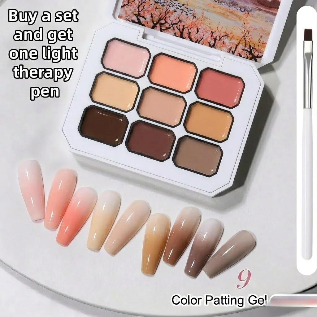 9 Colors Nude Milk Tea Solid Cream Gel Palette Soak Off UV LED Painting Gel with Free Nail Brush Pigment Patting Gel for Salon D