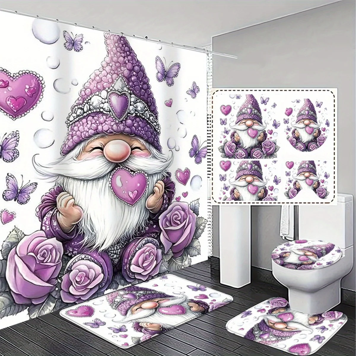 4個。-かわいいドワーフエルフのおしゃれな紫色のノームをテーマにしたバスルームセット-高品質のシャワーカーテンと滑り止めバスマット
