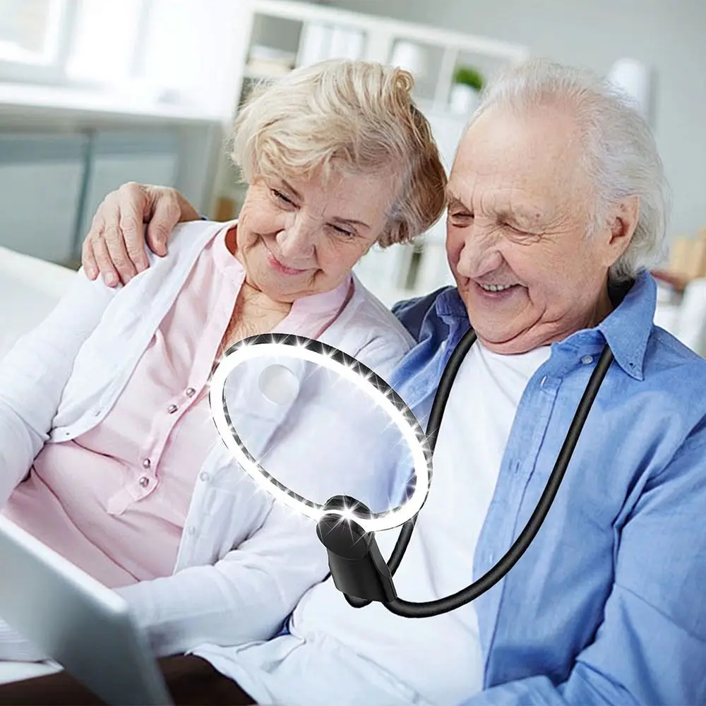 3 Color LED Lights Magnifying Glass Neck Wearing Handheld Hanging Neck Magnifying Glass Acrylic Led 10X Illuminated Magnifier