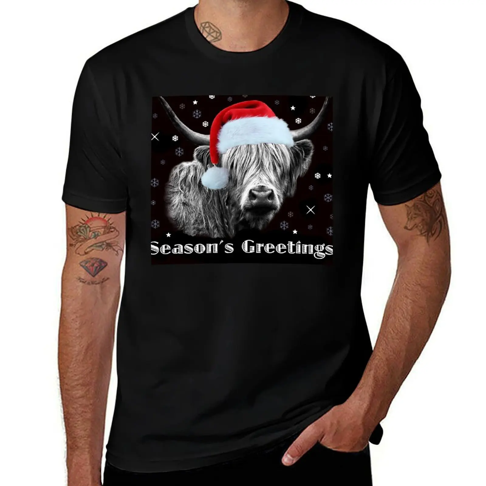 Highland Cow Season's Greetings T-Shirt Work Utility Casual Tee Shirt T-Shirt
