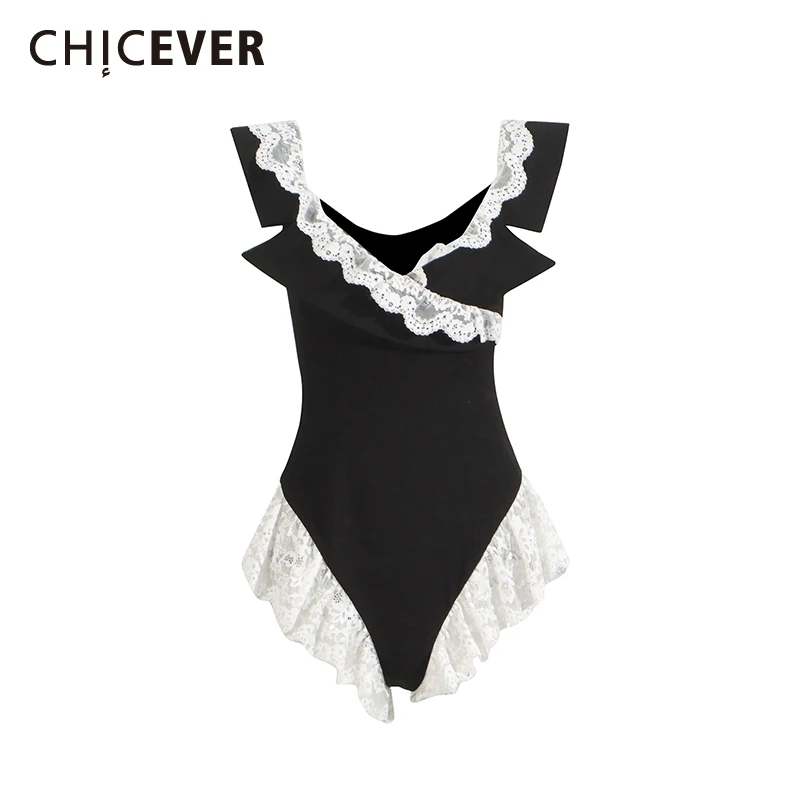 

CHICEVER Colorblock Slimming Playsuits for Women V Neck Sleeveless High Waist Patchwork Ruffles Sexy Lace Playsuit Female New