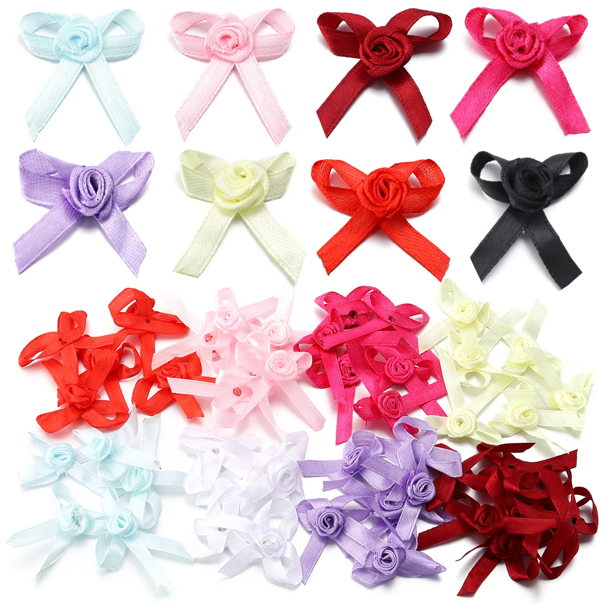 50pcs Mini Polyester Rose Head Ribbon Bows Twist Tie Bows Satin Ribbon Bow for Jewelry Making Craft Sewing Clothing Accessories