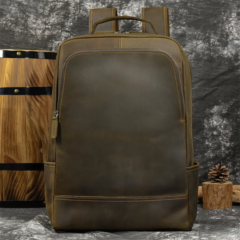 

Men's Backpack Vintage Genuine leather Fit 15.6" Laptop Business Rucksack Student School Bag Daypack Big Male Travel bag