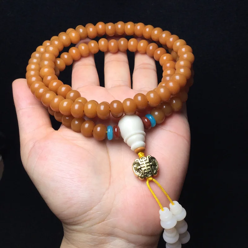 Weathered Bracelet Necklace, 108 Yellow Beads, Old Bodhi Root