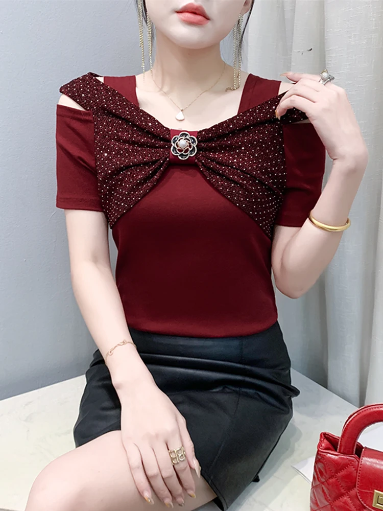 Faionable Damen Sexy Oulder Bared Ort Sve T-Shirt Slim Fit f Sve Sommer New Sle Diamond Embellied Top