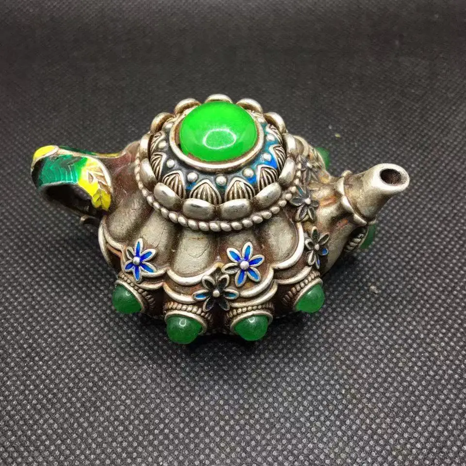 

Antique Tibetan Silver Inlaid Green Tea Pot Old Patina Collectible