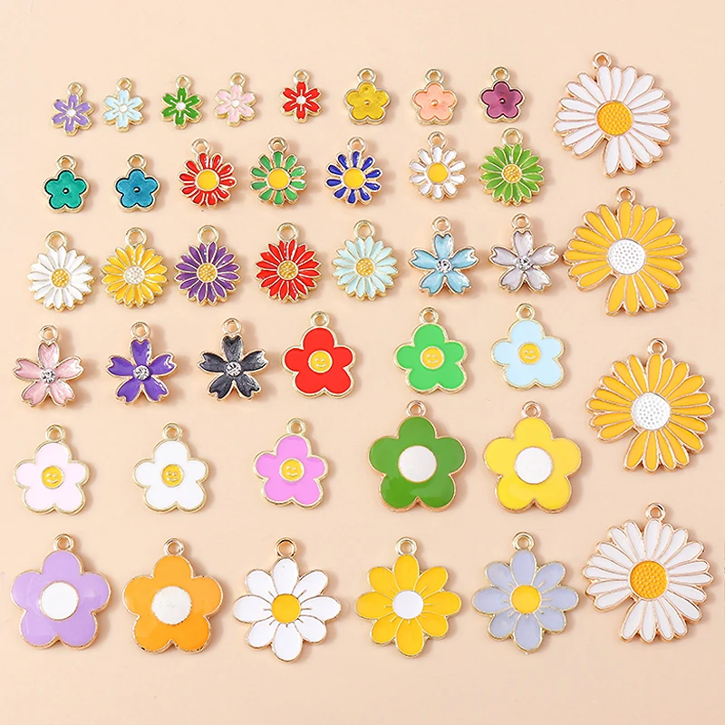 10pcs 9 Styles Mix Color Metal Drop Oil Colorful Flower Charms Plant Daisy Pendant for DIY Bracelet Necklace Jewelry Making