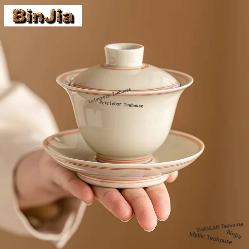 

110ml Retro Grass Wood Gray Glaze Gaiwan Aesthetic Doule Line Three Talented Tea Tureen Tea Maker Cover Bowl Tea Item Decoration