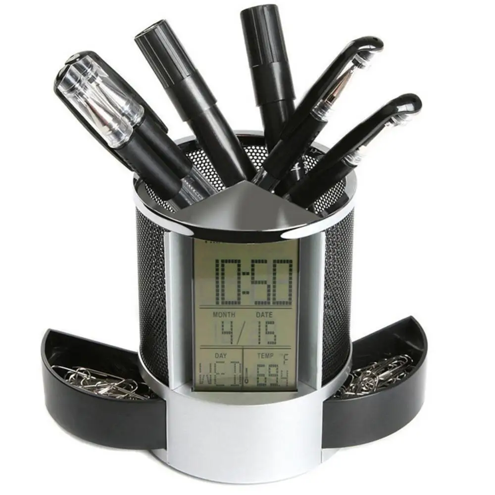 Countdown Temperature Display Clock Durable Alarm New Office LCD Function Time Pen Pencil Holder Desk Organizer