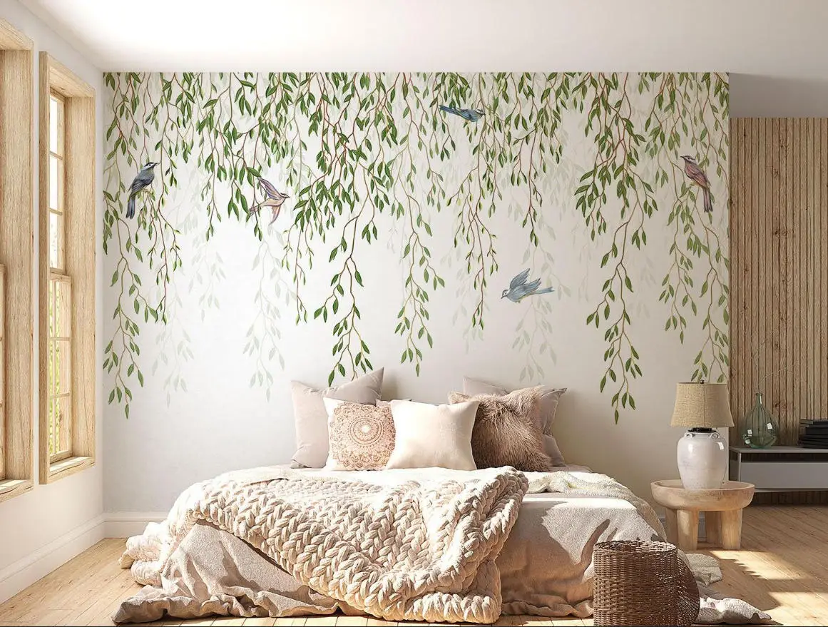 Customized Size Mural European flower Landscape Stickers Home Decor Little Fresh Leaf Bird Wall Stickers Decoration 3d wallpaper