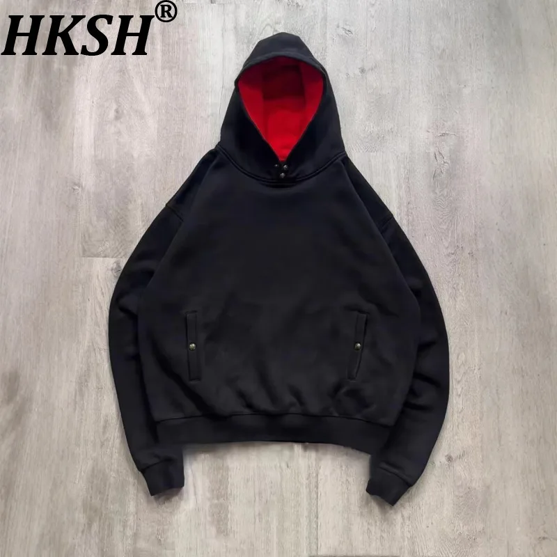 HKSH Spring Autumn New Men American Casual Solid Color Buttons Hooded Sweatshirt Trendy Loose Stylish Women Dark Hoodie HK16660