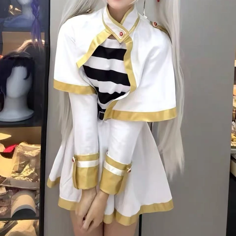 Costume de cosplay Anime Frieren Beyond Journey's End pour femme, robe de magicienne elfe avec oreilles et bas, tenue de sorcière pour Halloween et Comic Con