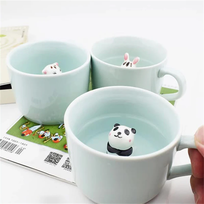 New Creative Ceramic Cup coffee Mug 3D Milk Cup Animal Inside Cute Cartoon Panda Bunny Kitten Puppy Tee Cup Celadon Cup