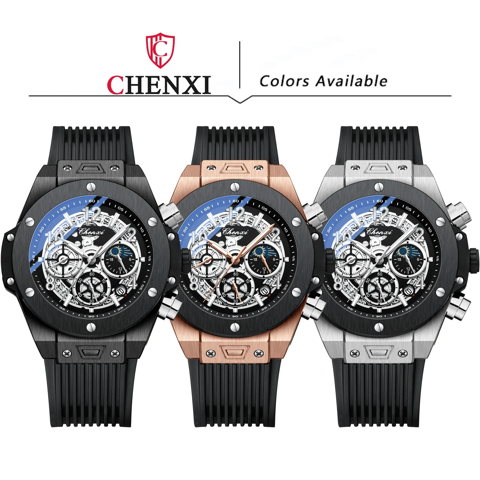 CHENXI 949 Quartz Watches Luxury Cool Creative Sports Chronograph Black Gold Silicone Strap Date Wristwatch for Male Gift