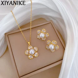 XIYANIKE 316l Stainless Steell Necklace Earring Set Exquisite Luxury Pearl Crystal 5-Leaf Flower Clavicle Chain Ear Studs Group