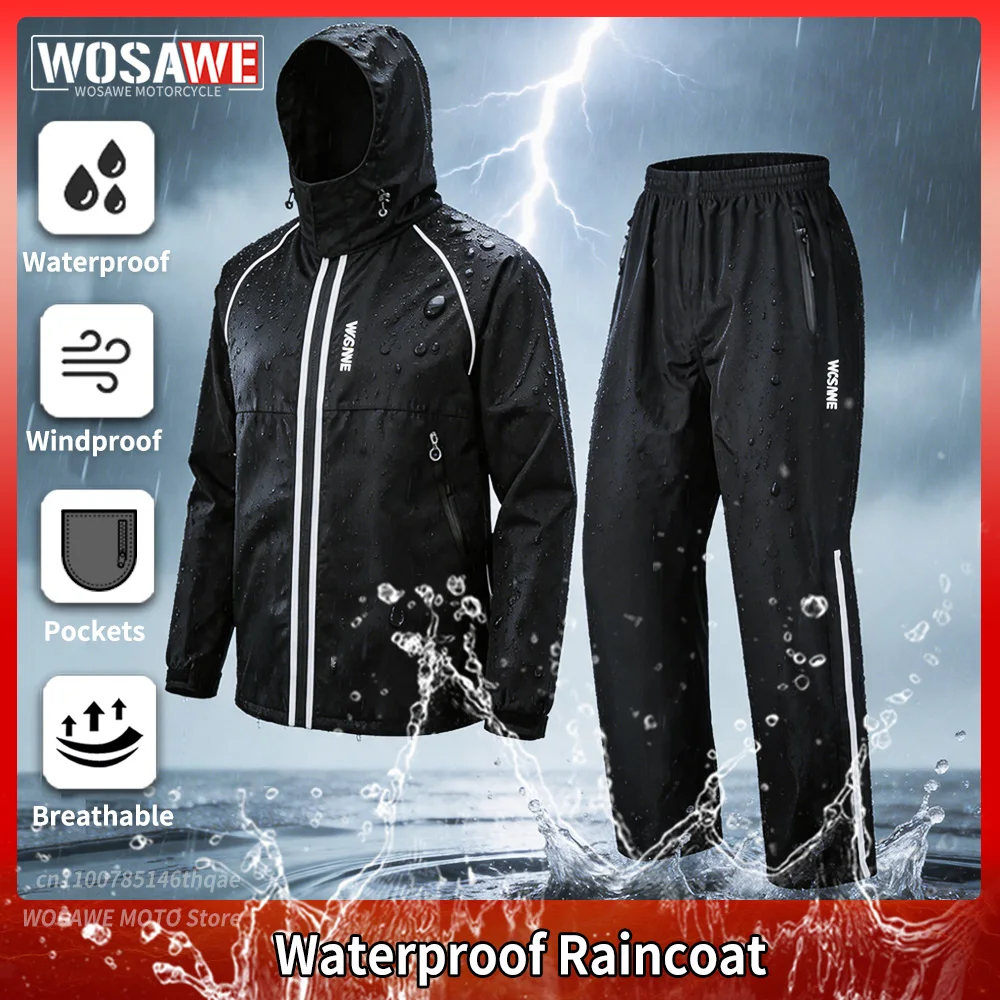 WOSAWE Motorcycle Raincoat Suit Split Motorcycle Rider Raincoat Motocross Rain Pants Reflective Waterproof Hooded Jacket Unisex