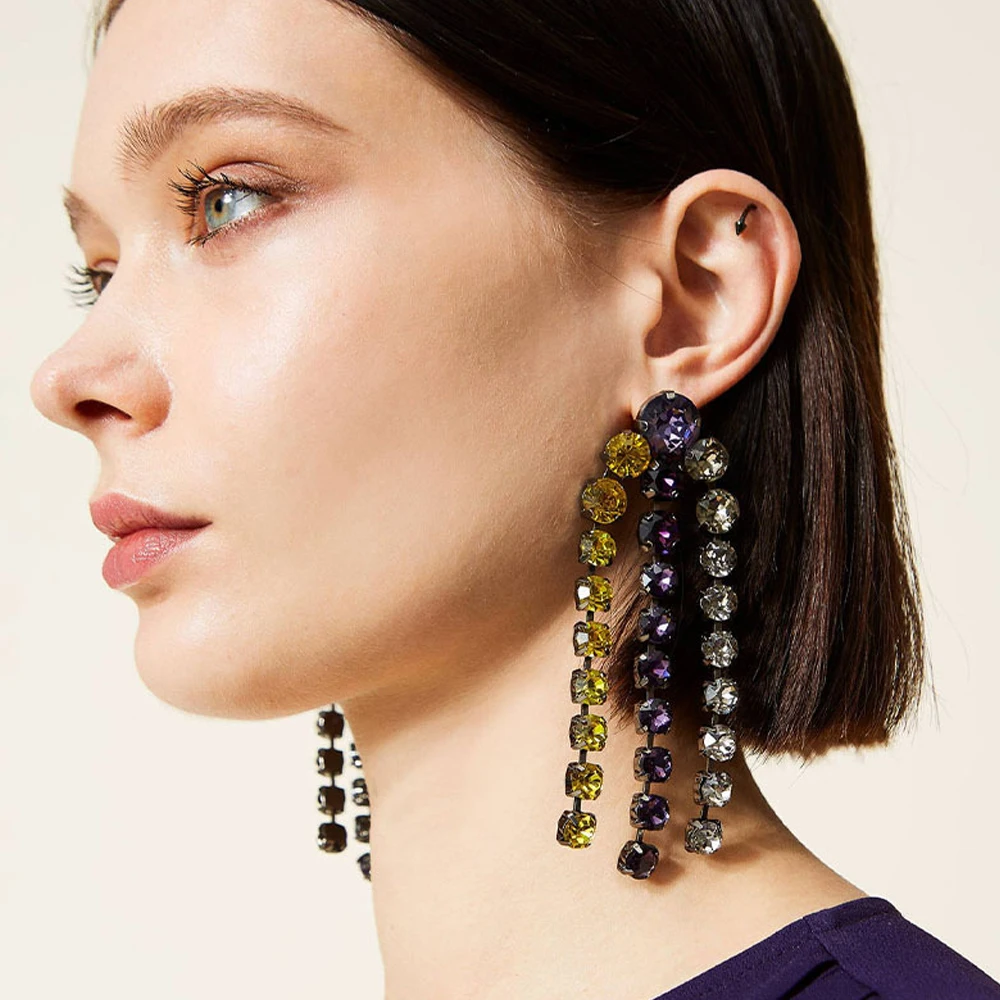 

Colorful Rhinestone Long Tassel Earrings Statement Jewelry Christmas 2024 Fashion Geometric Crystal Hanging Earrings for Women