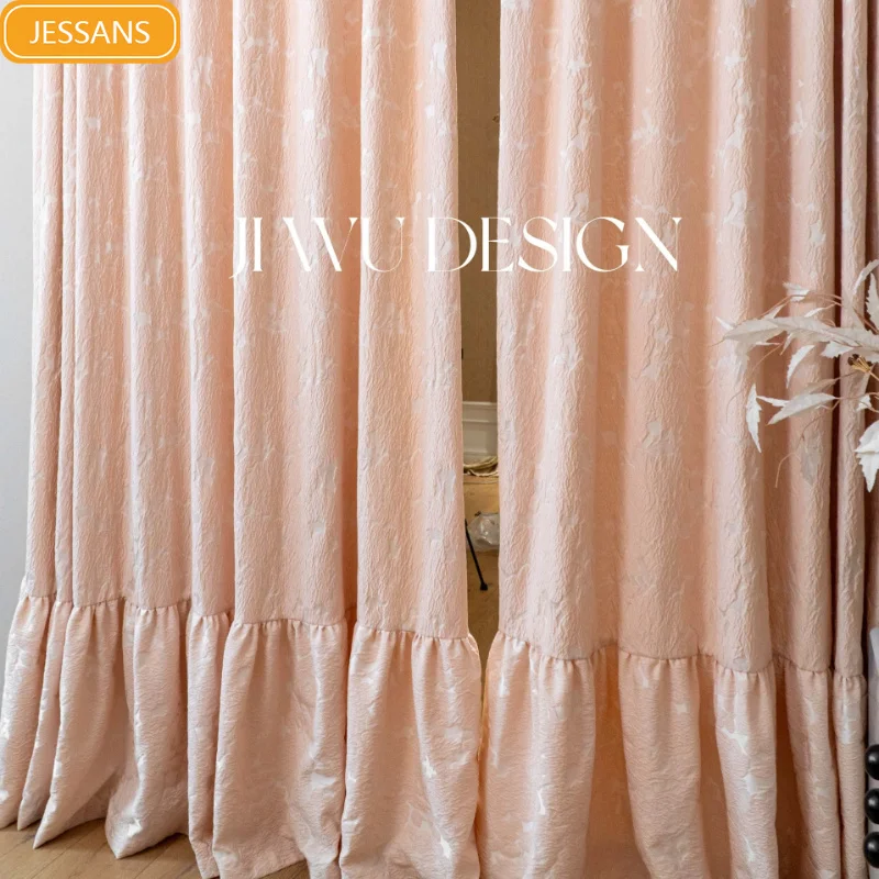French Cream Pink Pleated Jacquard Thickened Curtains for Living Room Bedroom French Window Customized Finished Balcony