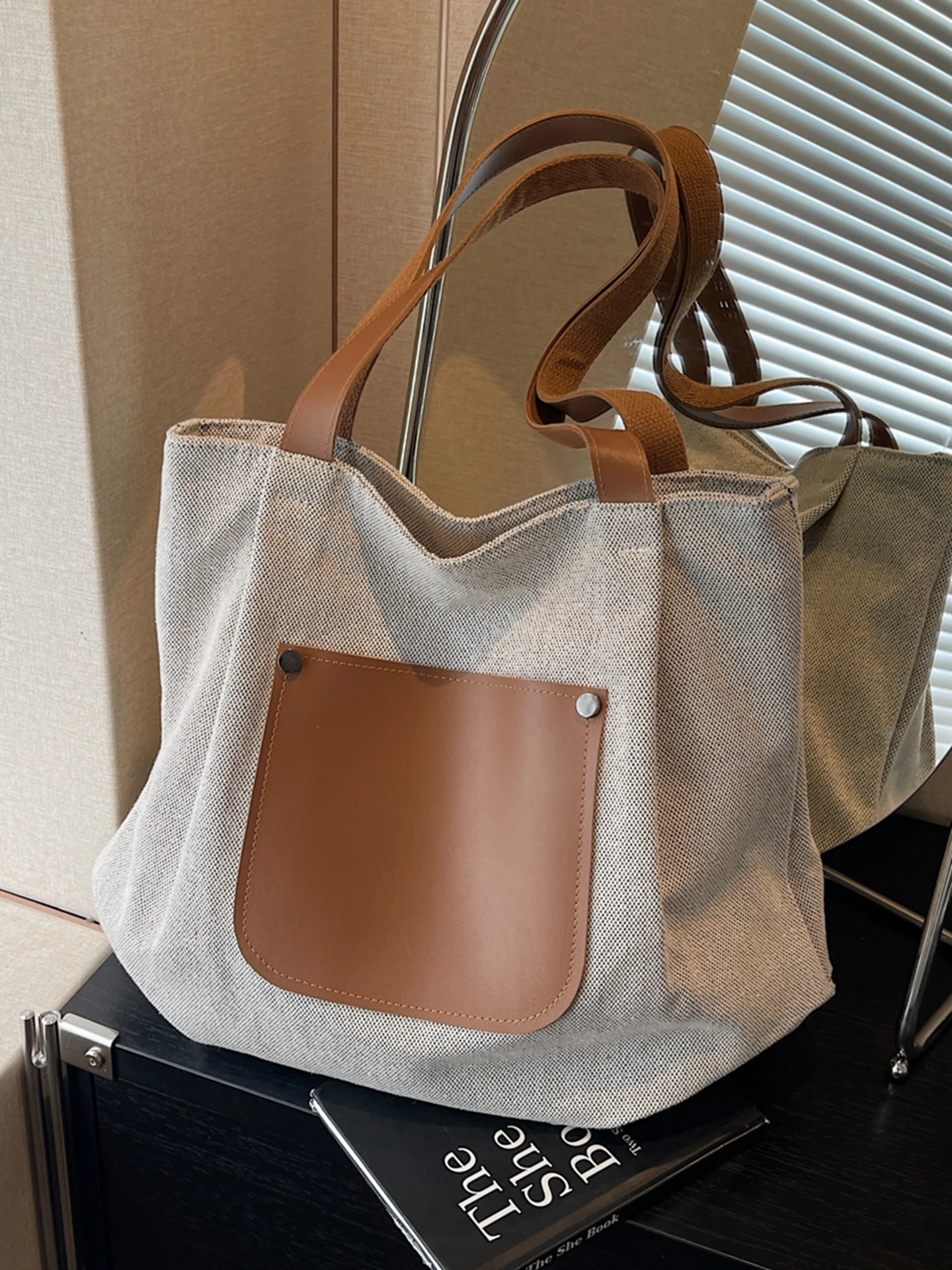 

Large Capacity Canvas Bag for Women Autumn Winter New Korean Style Commute One Shoulder Bags Rectangle Splicing Travel Handbag