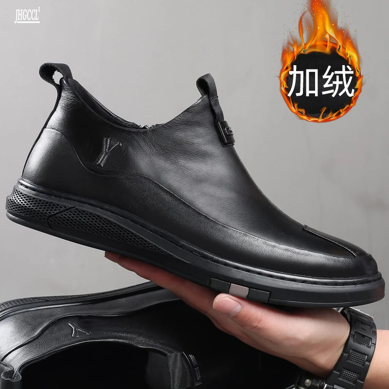 cowhide and velvet cotton shoes for men casual fashion male boots for men leather soft soled soft top sneakers A24