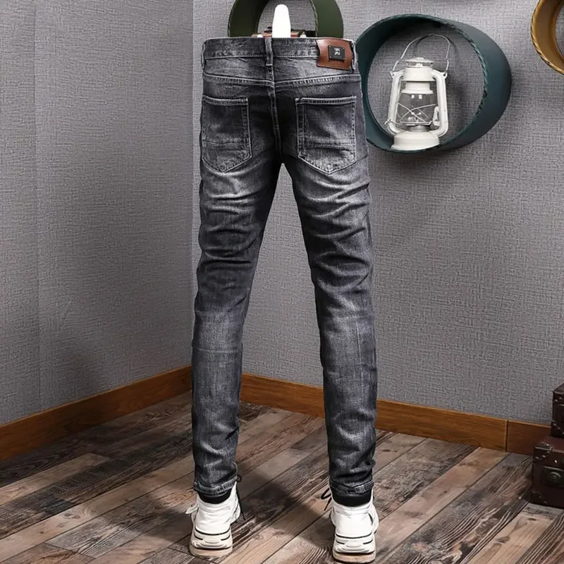 Street Style Fashion Men Jeans Retro Black Gray Stretch Slim Fit Vintage Ripped Jeans Men Patched Designer Hip Hop Denim Pants