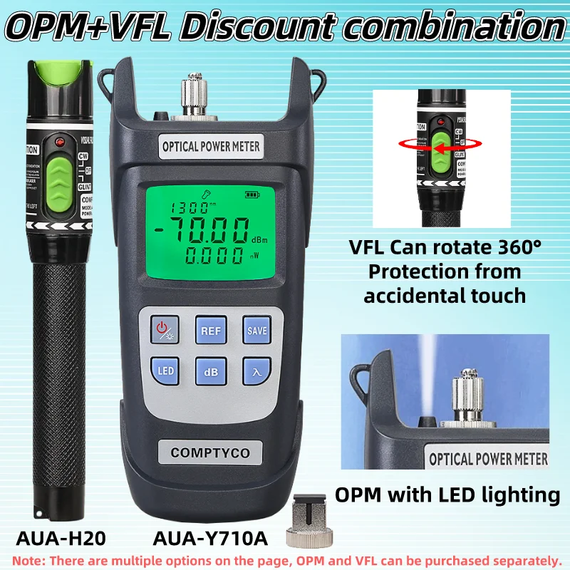 

AUA-Y710A оптический измеритель мощности и Визуальный дефектоскоп FTTH Fiber Tester Tool Kit (опционально) OPM(-70 ~ + 10 дБм) и VFL(20/1/10/30/50mW)
