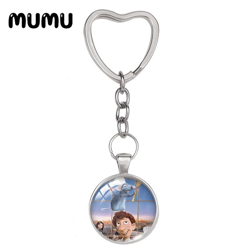 2024 New Ratatouille Rat Remy Heart Keyring Funny Keychain Glass Dome Cabochon Jewelry Gifts Children