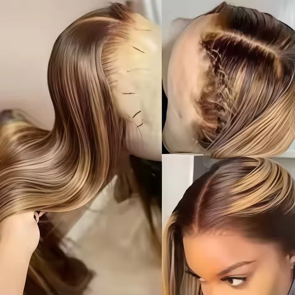 Highlight Ombre 30 32 inch Brazilian Straight 13x4 HD Lace Front Human Hair Wigs Pre Pluck P4/27 Glueless Lace Frontal Wig Women