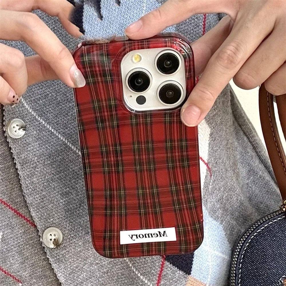 Cute Scottish Tartan Perspective Red Phone Case For iPhone 16 15 13 14 Pro Max 3D Effect Autumn Clear Soft Silicone Back Cover