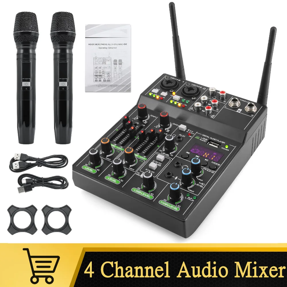 

Audio Mixer 4 Channel Sound mixing with Wireless Microphone UF4-M Digital Board Console For Live Recording K Song Karaoke