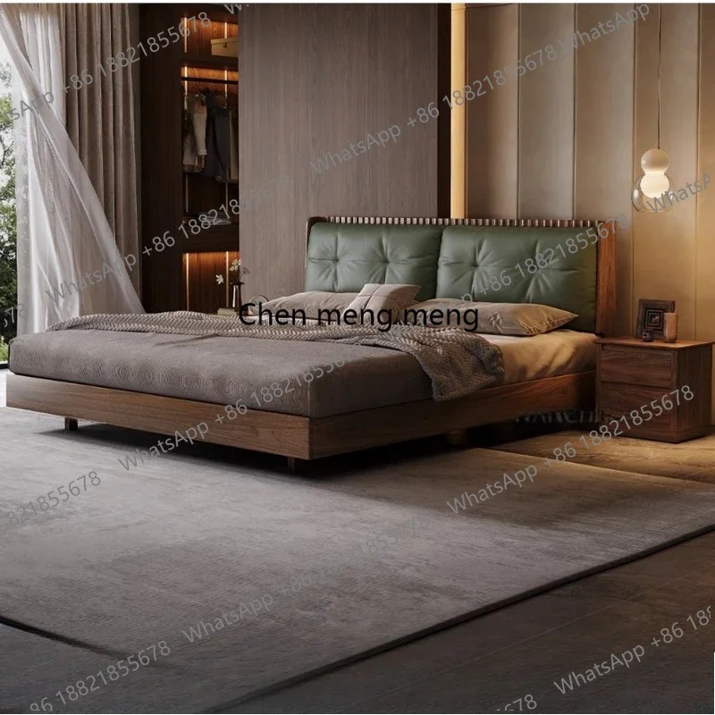 New arrive Black Double Bed Frames Walnut Soft Package Wooden 2 People Twin Head-layer Leather Twin Queen Headboard Furniture