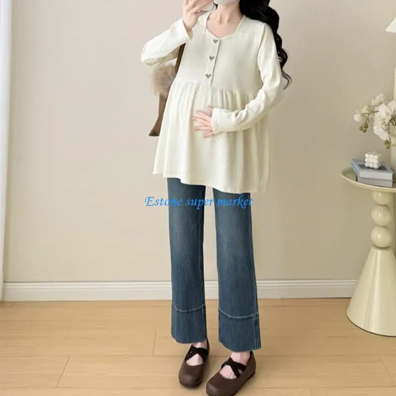 090B Square Neck Maternity Tops with Heart Embroidery Blouse for Pregnancy Comfort & Versatile Styling in Soft Cotton Fabric