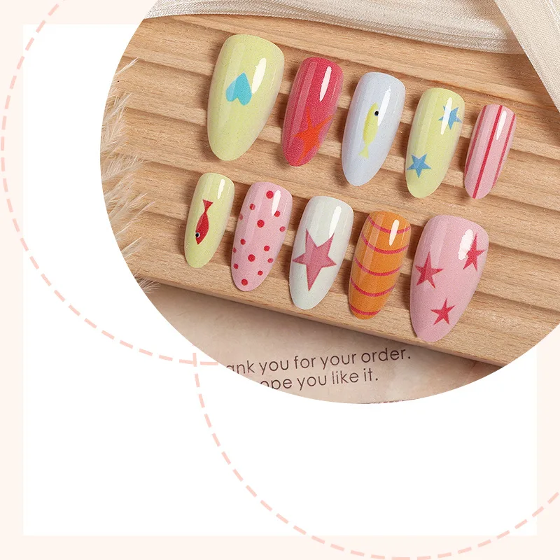 24PCS Summer Almond Press on Nails Cute Cartoon Fish Star Colorful Polka Dot False Nails Sweet Ins Nail Tips Wearable Full Cover
