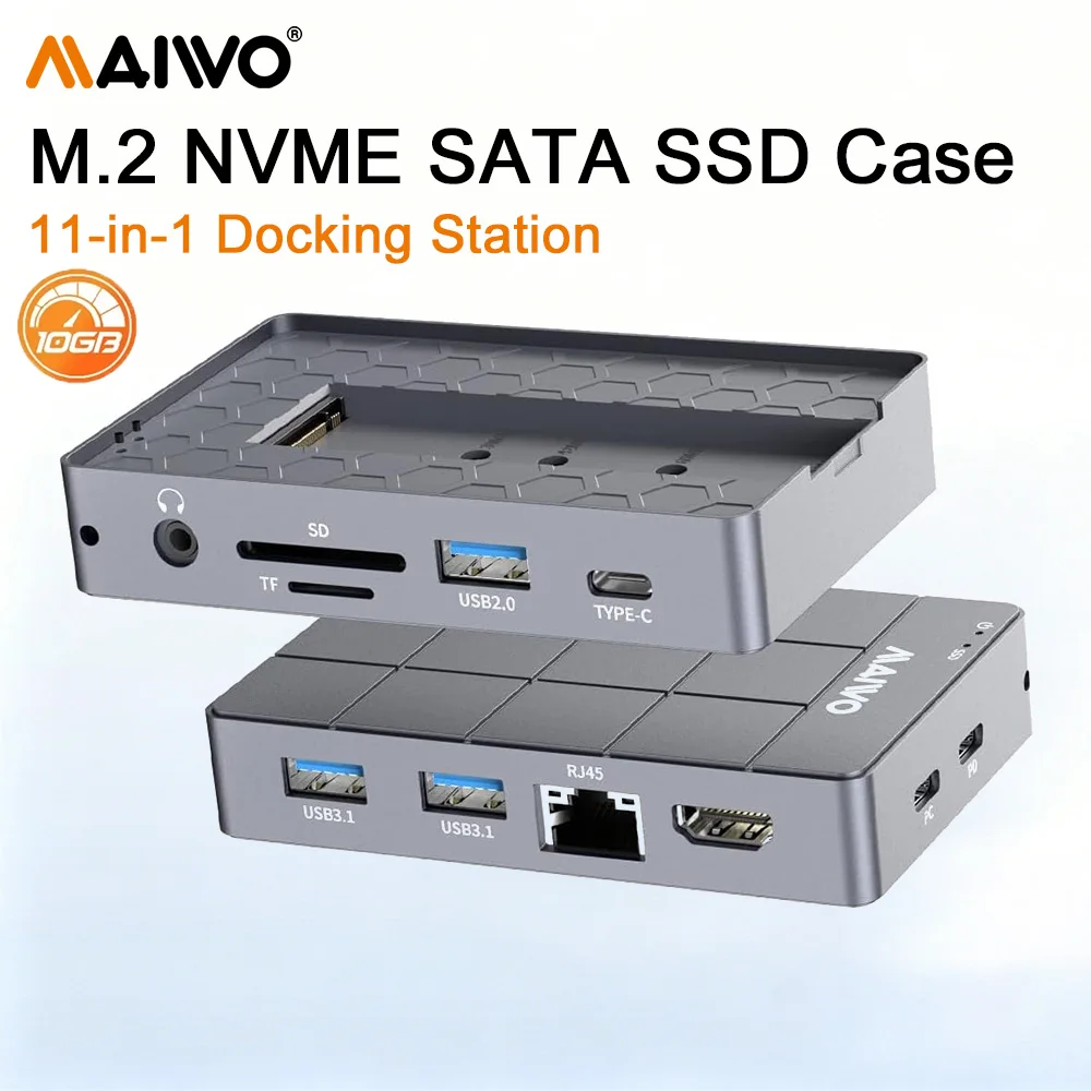 MAIWO M.2 NVME SATA SSD Enclosure 11-in-1 Docking Station 10Gbps USB-C HUB PD100W 4K@60Hz 1000Mbps Ethernet SD/TF Card Slot HUB